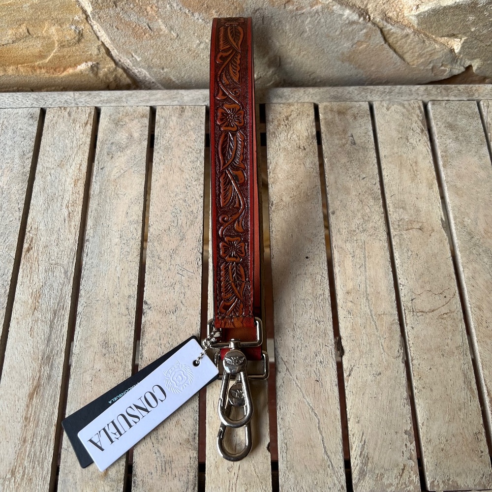 Consuela tooled leather shoulder strap